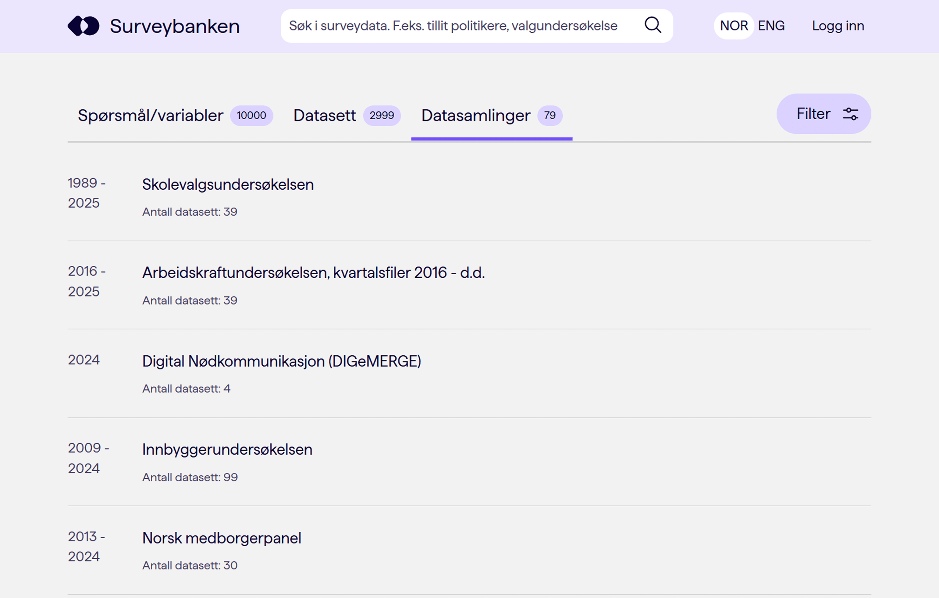 Skjermbilde av nettsiden Surveybanken hvor man kan søke etter data