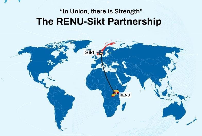 Partnership between RENU and Sikt. World map with line between Uganda and Norway
