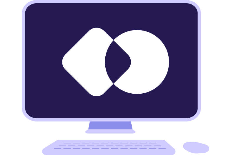 Illustrasjon av PC-skjerm med Sikts logo (som består av en overlappende sirkel og firkant)